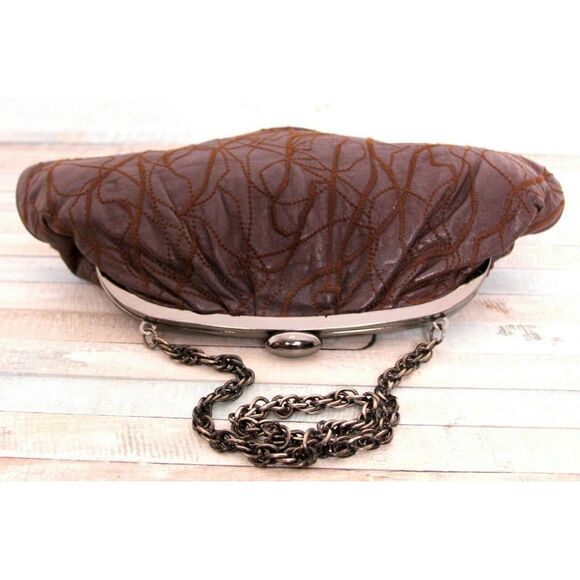 INGE PATCHWORK BROWN GENUINE LEATHER FRAME CHAIN HANDBAG SHOULDER BAG CLUTCH - Picture 6 of 10